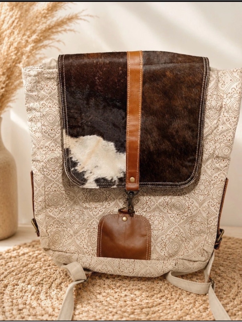 Canvas and Leather Roll-Top Backpack in Beige and Brown